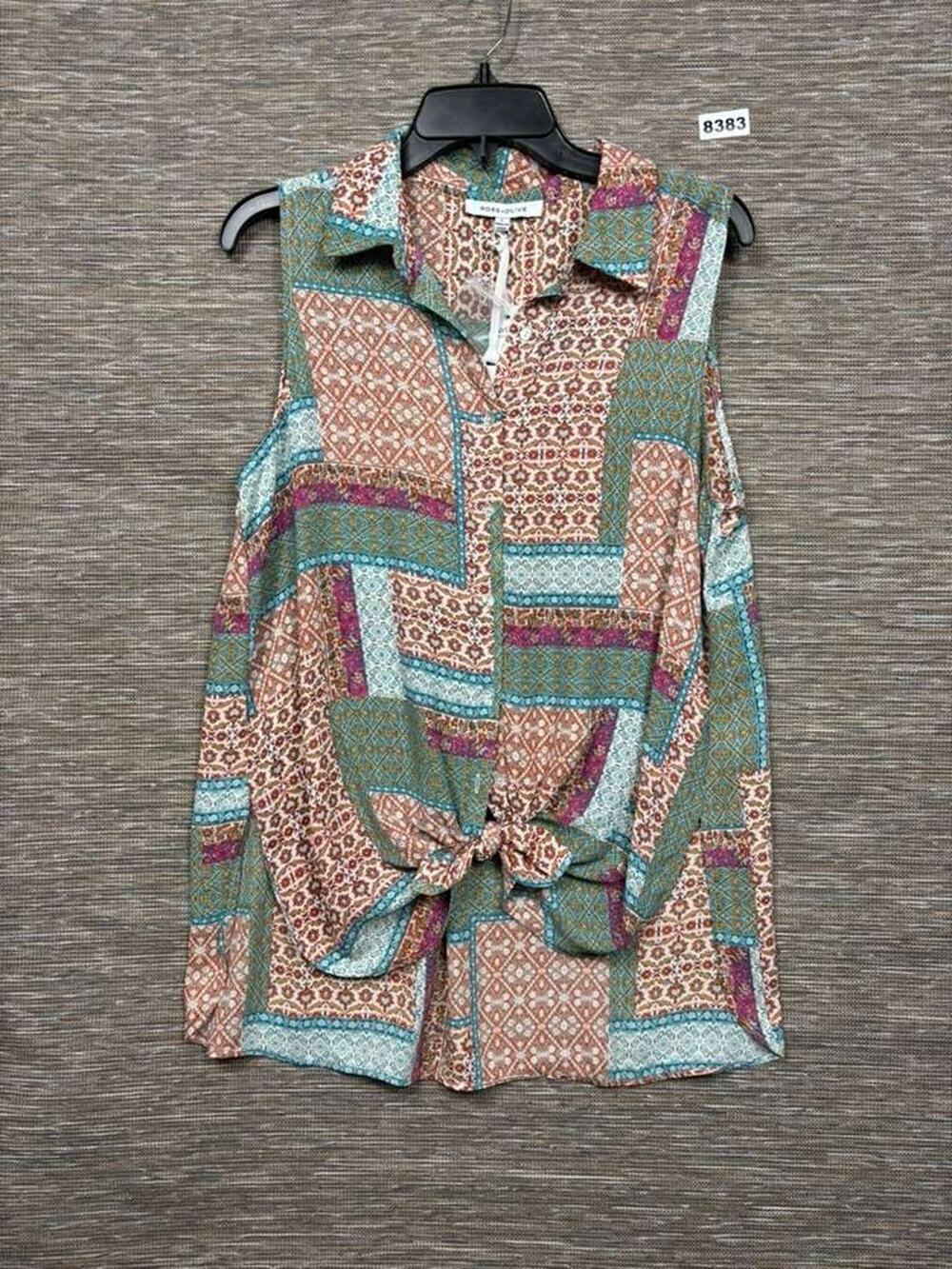 Rose+Olive Blouse Womens L Multicolor Geometric Button Front Tie Sleeveless Top
